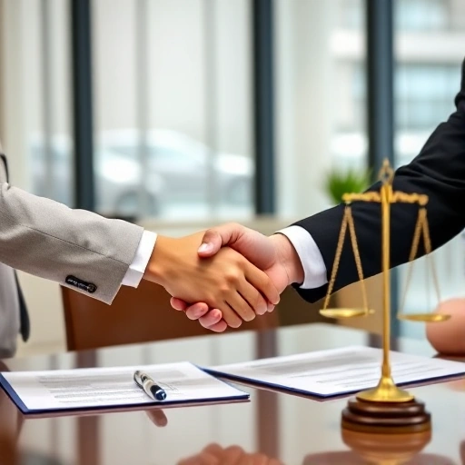 A calm, professional scene showing two people shaking hands in a modern office setting, with legal documents on a table and a subtle scale of justice in the background, symbolizing peaceful resolution and avoidance of litigation