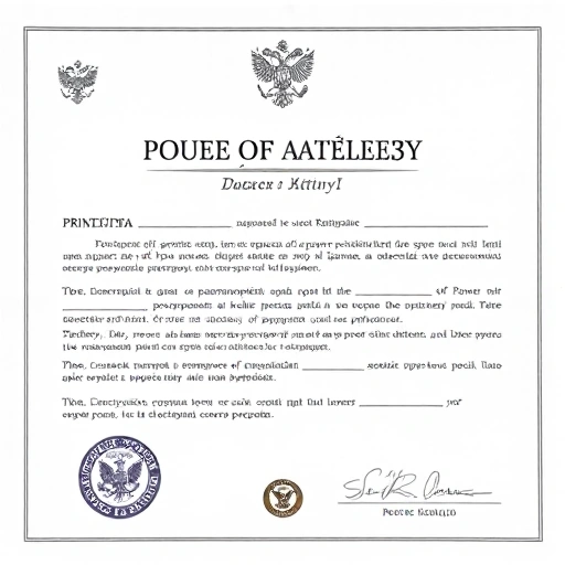 A formal Russian notary document template for a power of attorney (доверенность), displayed on clean white paper with elegant black Cyrillic text, official seals, signature lines, and structured fields for principal, agent, scope of authority, date, and place of issuance — minimalist, professional, high-detail, no handwriting, no stains, no clutter