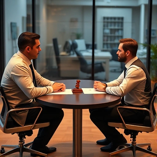 A professional lawyer in a modern office setting, calmly mediating a dispute between two individuals seated across a table, with documents and a gavel subtly visible, warm lighting, realistic details, no text or symbols