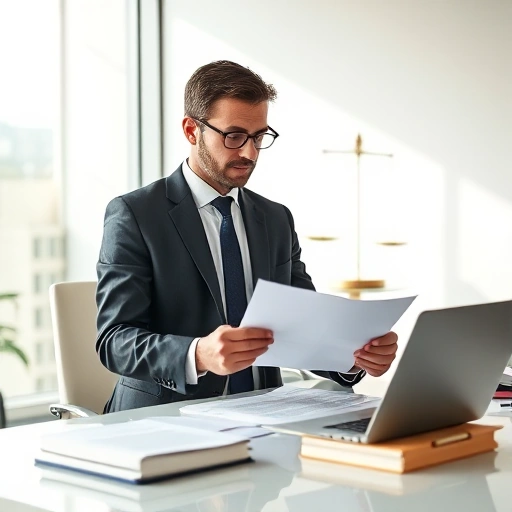 A professional legal advisor in a modern office setting, wearing a suit, reviewing legal documents at a desk with a laptop and law books, soft natural lighting, calm and trustworthy atmosphere, subtle legal symbols like scales of justice in the background, minimalist design, high detail, realistic style