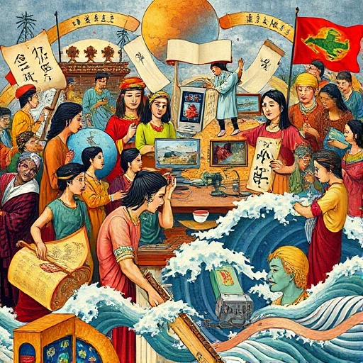 A symbolic collage representing cultural revolutions and changes: diverse people from different eras and cultures exchanging ideas, traditional and modern elements blending — ancient scrolls transforming into digital screens, folk music instruments evolving into electronic devices, vibrant colors showing transformation and unity, abstract waves of change flowing through the scene