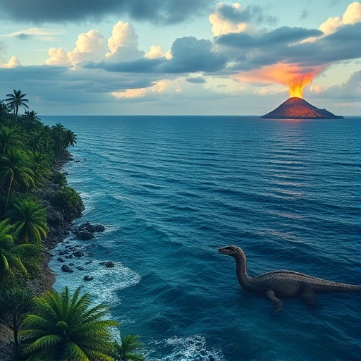 A vast ancient ocean stretching to the horizon under a prehistoric sky, with towering ferns and cycads along the shoreline, massive marine reptiles like plesiosaurs swimming near the surface, and a distant landmass with volcanoes erupting in the background, rendered in smallHQ style