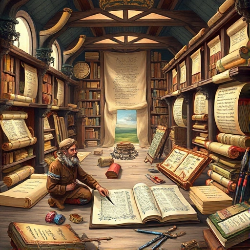 A detailed illustration of an ancient library filled with scrolls and books, showcasing the evolution of writing tools from quills to modern pens, with a focus on historical manuscripts and literary artifacts. The scene should include a scholar studying an ancient text, surrounded by various writing implements and illuminated manuscripts.