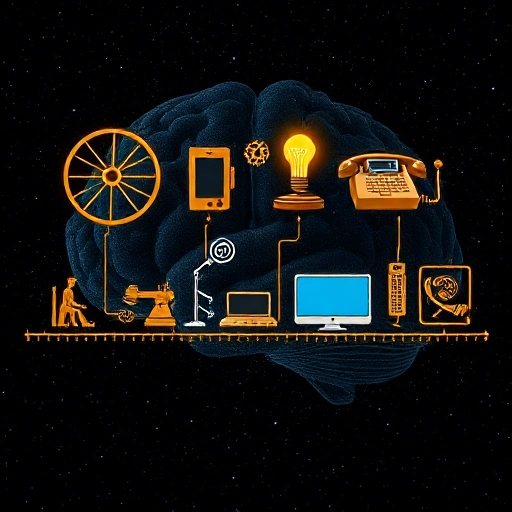 A collage of pivotal technological discoveries in human history: the invention of the wheel, the printing press, electricity, the telephone, the computer, and the internet, each represented by a symbolic icon floating above a timeline that stretches from ancient times to the present, with soft glowing connections between them, set against a dark cosmic background with faint constellations forming the shape of a human brain