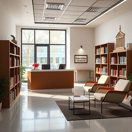 A welcoming modern legal assistance center interior, featuring a friendly receptionist desk, a calm waiting area with comfortable chairs, a bookshelf filled with legal books, a large window letting in natural light, and a subtle courthouse symbol on a wall, all presented in a professional and approachable atmosphere