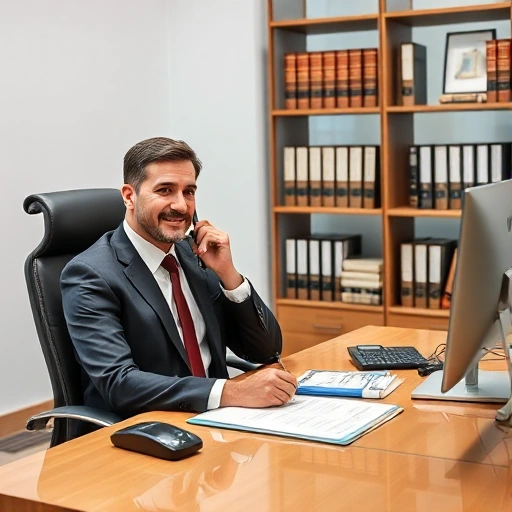 A professional and modern office setting with a lawyer or legal consultant sitting at a desk, ready to take a call. The desk has legal documents, a phone, and a computer. The background should include law books and a calm, professional atmosphere.