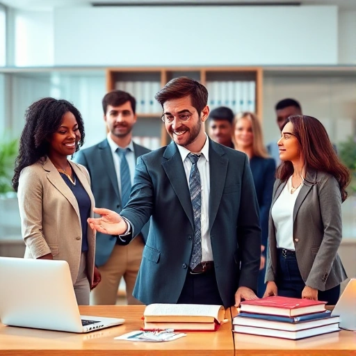 A warm, professional scene showing a diverse group of people in a modern office setting, with a lawyer in a smart blazer offering a supportive hand to a client, surrounded by legal books, a laptop, and a calming color palette. The atmosphere conveys trust, accessibility, and legal support.