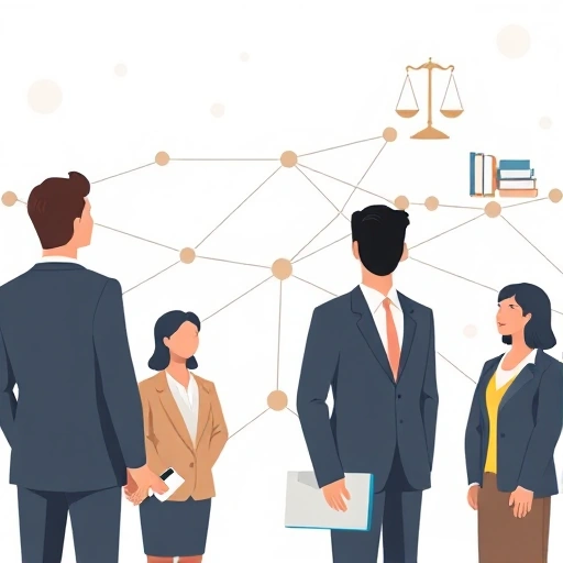 A professional network illustration showing interconnected people in business attire supporting each other, with subtle legal symbols like scales of justice and law books in the background, conveying trust and collaboration in a clean, modern style