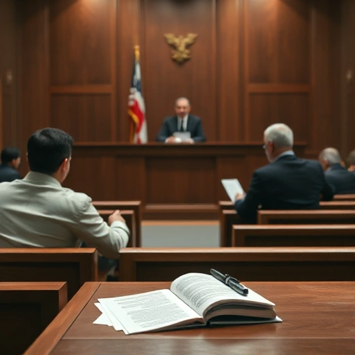 A professional courtroom scene with a judge presiding, lawyers presenting arguments, and legal documents on a wooden bench, symbolizing the resolution of legal disputes through fair and orderly proceedings, in a clean, realistic style with muted tones and subtle lighting