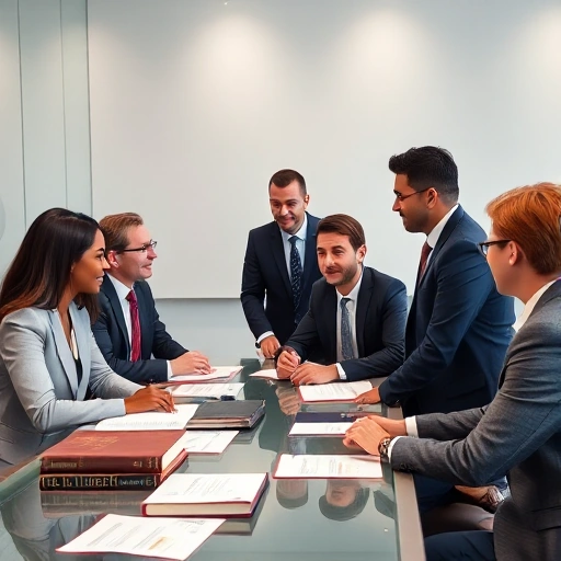 A professional community scene showing diverse people in business attire discussing legal matters around a modern conference table with legal books and documents, conveying trust and collaboration in a clean, approachable environment