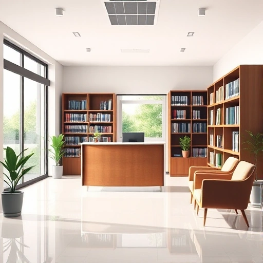 A professional and modern law office interior with a welcoming atmosphere. The scene should include a reception desk with a friendly receptionist, a bookshelf filled with legal books, a comfortable seating area for clients, and a large window providing natural light. The color scheme should be professional yet warm, with neutral tones and subtle accents of blue or green to convey trust and reliability.