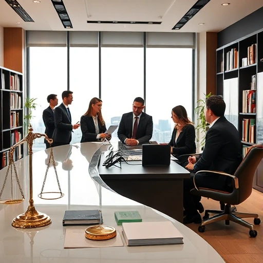 A professional legal advisory center interior with a modern desk, legal books, scales of justice, and a diverse team of lawyers in business attire consulting clients, warm lighting, clean and trustworthy atmosphere