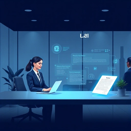 A modern, sleek legal assistance system interface, featuring a friendly AI assistant, a lawyer, a client, holographic legal documents, a calm office environment, no text or letters, no digits.