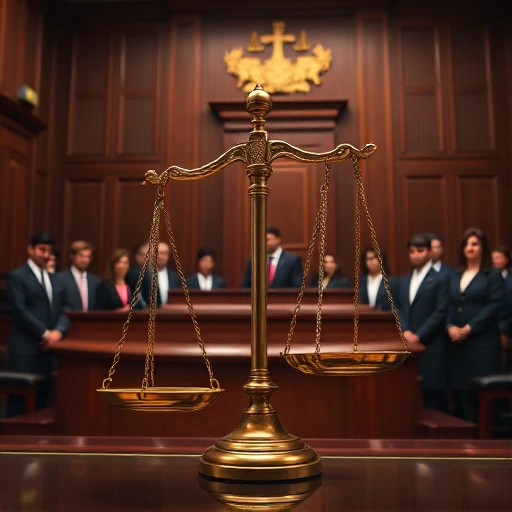 A dignified courtroom scene with a balanced scale of justice and a diverse group of legal professionals in formal attire, symbolizing fairness and integrity, rendered in smallHQ style