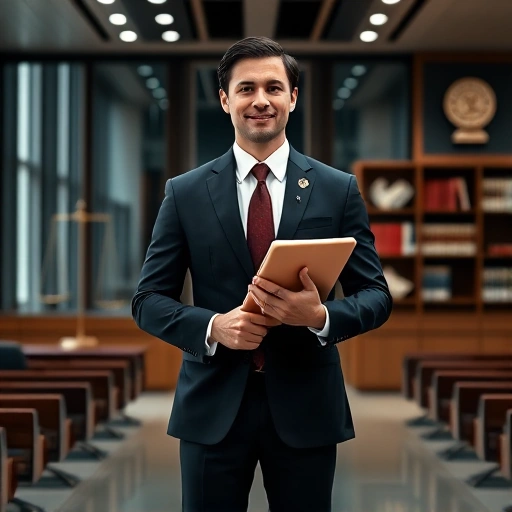 A professional legal advocate figure standing confidently in a modern courtroom or law office setting, wearing formal attire with a subtle Legalcollegium logo pin on the lapel, holding a legal document or tablet, with bookshelves and legal symbols in the background, conveying trust and authority