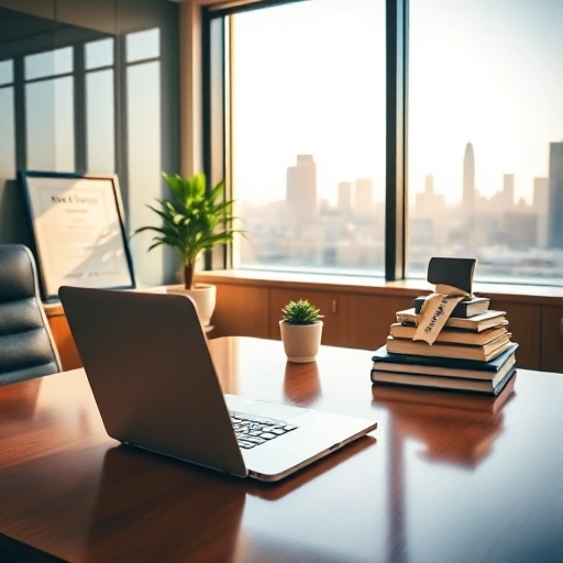 A modern, professional law office interior featuring a polished wooden desk with a sleek laptop, a stack of legal books, a framed certificate, a small potted plant, and a subtle city skyline reflected in a glass window, all bathed in warm natural light.