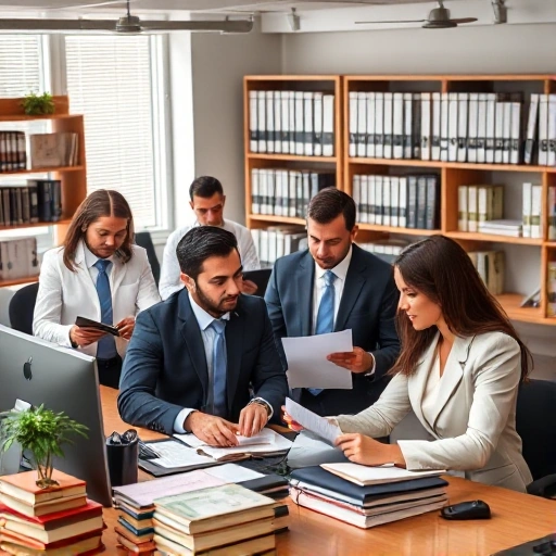 A professional and modern office setting with a team of legal professionals working together. The team consists of diverse individuals, including lawyers, paralegals, and legal assistants, all engaged in various tasks such as reviewing documents, discussing cases, and using computers. The office is well-organized with legal books, files, and modern technology. The atmosphere is collaborative and focused, with a sense of trust and expertise.
