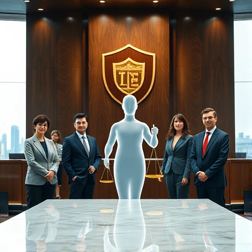 A dignified, modern courtroom scene featuring a diverse group of people—lawyers, clients, and a symbolic guardian figure—standing together in front of a polished marble desk with a subtle, glowing shield emblem in the background. The guardian is a translucent, semi-abstract figure holding a stylized legal scale, representing protection of legal rights. The setting is bright and professional, with soft lighting and a hint of a city skyline visible through a large window. No text, letters, or numb