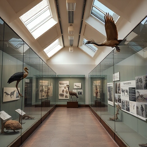 A serene museum exhibit hall with glass display cases showcasing taxidermied specimens of extinct animals like the dodo, thylacine, and passenger pigeon, surrounded by educational panels with scientific illustrations and faded photographs, soft natural lighting from skylights, muted earth tones, smallHQ style