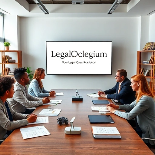 A professional legal office scene with a diverse group of legal professionals gathered around a large wooden table reviewing case files and documents, with a prominent digital display showing 'Legalcollegium: Your Legal Case Resolution' in elegant typography, modern interior design with bookshelves and legal symbols, soft professional lighting
