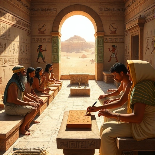 An ancient classroom scene showing a group of students in traditional Egyptian and Mesopotamian attire, seated on low stone benches. In the foreground, a teacher writes on a clay tablet with a stylus, while in the background, a scribe copies hieroglyphs on papyrus. The setting includes a stylized wall with wall paintings of gods and a small altar. The scene is illuminated by natural light filtering through a high, arched window, with a desert landscape visible beyond the walls. The composition b