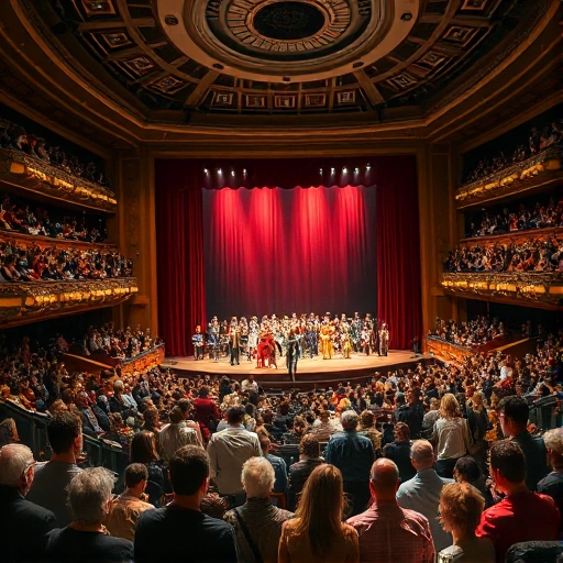 A grand theater with a large audience, reflecting the diversity of society. The stage features a performance that mirrors real-life social issues, with actors portraying various roles that represent different segments of society. The theater is filled with people from different backgrounds, ages, and ethnicities, all engrossed in the performance. The lighting is dramatic, highlighting the emotional depth of the scene.