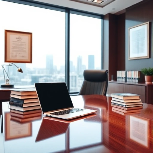 A modern, professional law office interior featuring a polished wooden desk, a sleek laptop, a stack of legal books, a framed certificate on the wall, and a subtle city skyline visible through a large window. The scene conveys trust, expertise, and a welcoming atmosphere for clients seeking legal advice.