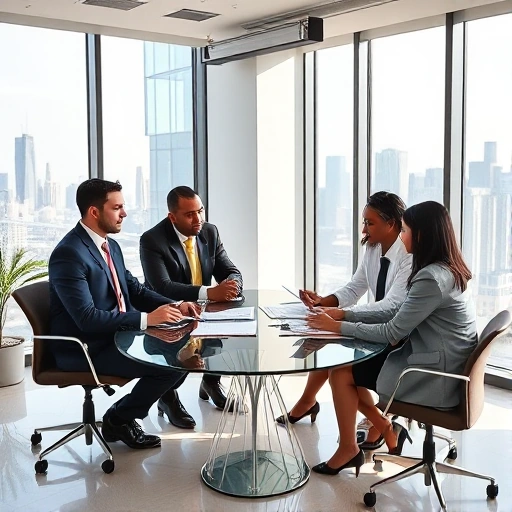 A professional legal consultation scene featuring a diverse team of lawyers in modern business attire discussing case files around a sleek glass table in a bright, minimalist law office with city skyline views through large windows, bookshelves with legal volumes in the background, soft natural lighting, conveying trust, expertise, and approachability