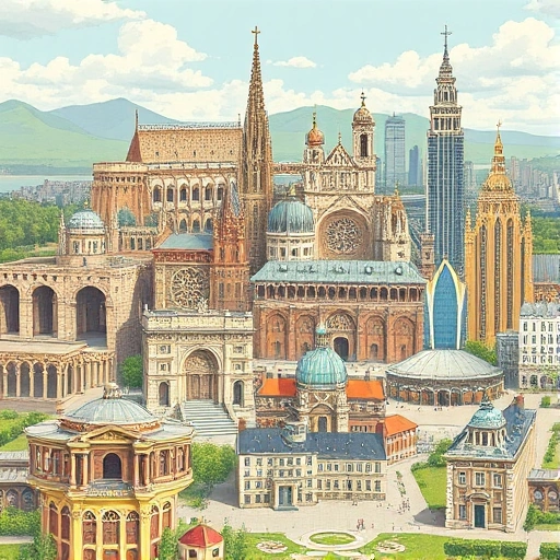 A detailed illustration of architectural evolution across different historical periods, showing ancient stone structures transitioning through medieval cathedrals, Renaissance buildings, modern skyscrapers, and futuristic sustainable designs, all seamlessly connected in a single panoramic view with clear visual progression and contextual elements like landscapes and human figures to emphasize scale and development