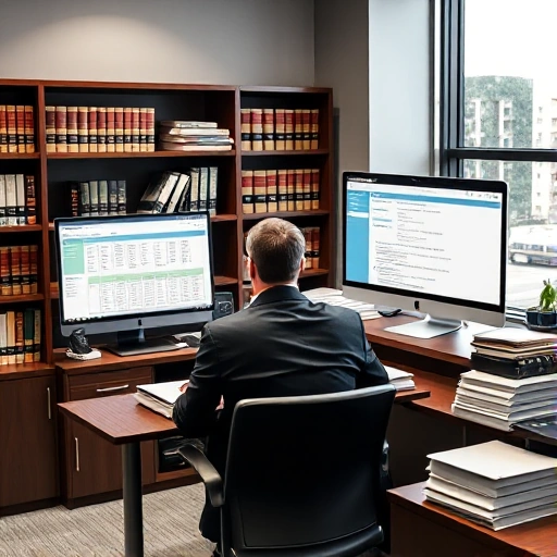 A modern, professional office setting with a lawyer or legal professional working at a desk, surrounded by legal documents, a computer screen displaying case management software, and a bookshelf filled with legal books. The atmosphere should convey organization, efficiency, and professionalism.