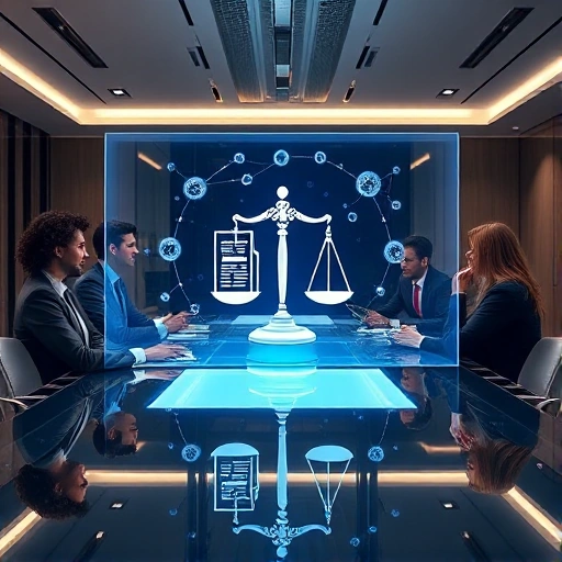 A sleek, modern digital interface displayed on a transparent holographic screen, surrounded by a diverse group of professionals—lawyers, judges, and clients—engaged in a collaborative discussion. The hologram projects a stylized, abstract representation of legal documents, scales of justice, and interconnected nodes symbolizing a network of legal expertise. The setting is a high-tech, well-lit conference room with polished surfaces and subtle ambient lighting, conveying professionalism and innov