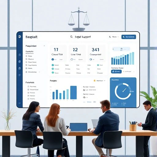 A professional legal support system interface with a modern dashboard showing case files, legal documents, and consultation tools, featuring a balanced color scheme of deep blue and white, subtle scales of justice iconography in the background, and a diverse team of lawyers collaborating in a clean, contemporary office environment