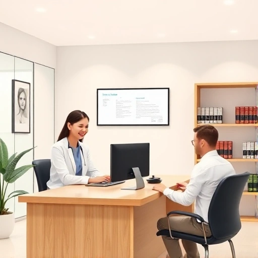 A welcoming modern legal help center interior with a friendly lawyer at a desk, a client seated across, a computer screen displaying legal documents, a bookshelf with law books, soft lighting, neutral colors, no text or signage visible