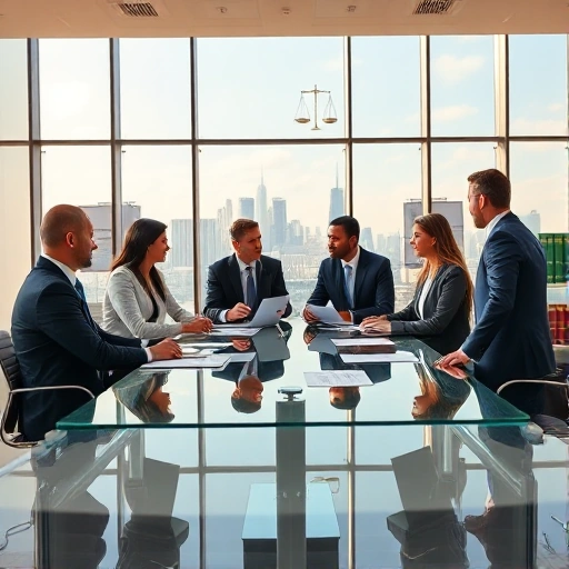A professional legal consultation scene featuring a diverse team of lawyers in modern business attire discussing case files around a sleek glass table in a bright, minimalist law office with city skyline visible through floor-to-ceiling windows, subtle legal symbols like scales of justice and law books in the background, warm natural lighting, high detail, realistic style