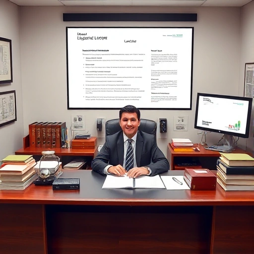 A professional legal office setting with a lawyer or legal expert at a desk, surrounded by legal books, documents, and a computer screen displaying legal information. The lawyer is dressed in formal attire, and the office has a clean, organized, and professional appearance.