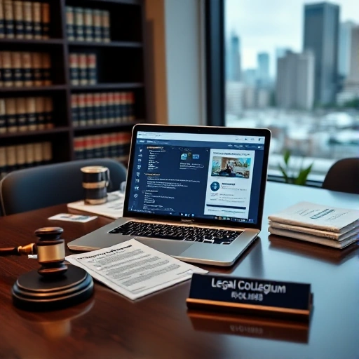 A professional legal office scene showing a modern desk with an open laptop displaying case management software, legal documents, a gavel, and a nameplate reading 'Legal Collegium', with a subtle background of law books and a city skyline visible through a window, conveying organization and professionalism