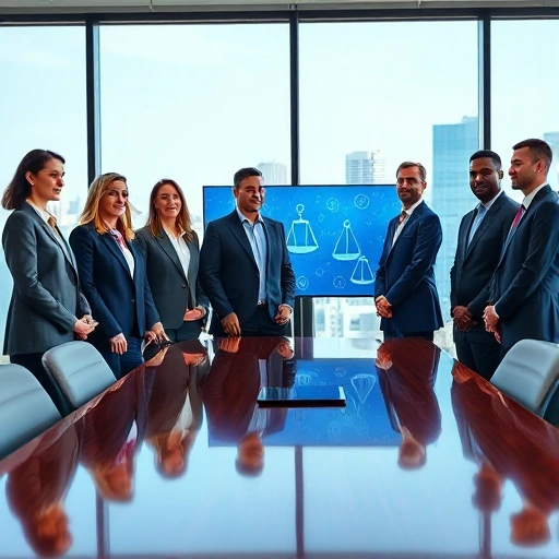A diverse group of professional lawyers in a modern conference room, wearing suits and standing around a polished wooden table with a digital screen displaying abstract legal symbols, with a city skyline visible through large windows. The scene conveys collaboration, expertise, and a contemporary legal environment, without any text, letters, or digits in the image.