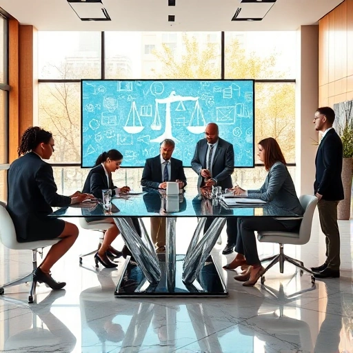 A modern, professional law firm office setting with a diverse group of attorneys collaborating around a sleek glass table, a large digital screen displaying abstract legal symbols, and subtle architectural elements like a marble floor and contemporary art, all bathed in warm natural light to convey trust and partnership