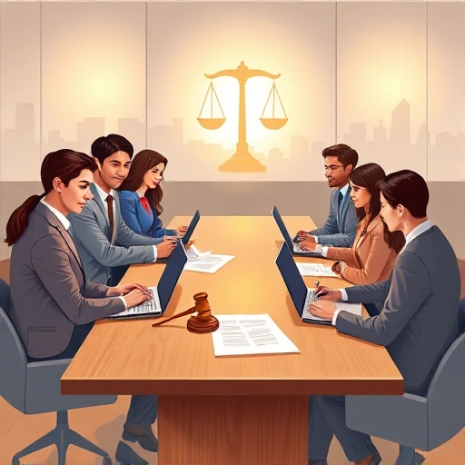 A professional, modern illustration of a legal advice hub: a diverse group of people (different ages, ethnicities, genders) gathered around a sleek wooden table with legal documents, laptops, and a gavel, with a subtle background of a city skyline and scales of justice faintly glowing on a wall, warm lighting, clean lines, minimalist design, conveying trust, accessibility, and expertise