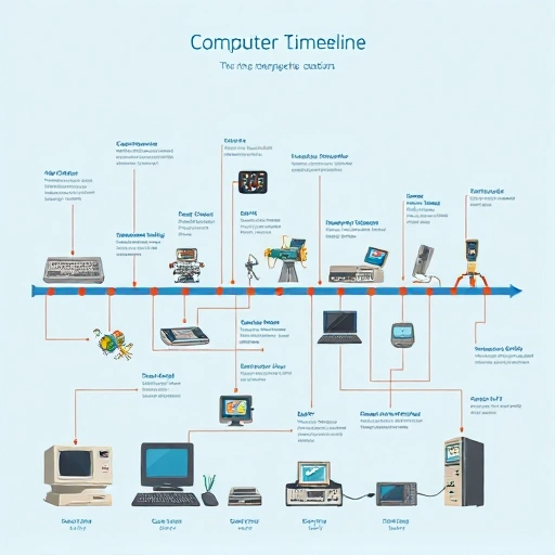A detailed timeline illustration showing key milestones in the history of computer technology: from early mechanical calculators like the Pascaline and Babbage's Analytical Engine, through vacuum tube computers such as ENIAC, transistor-based mainframes, the invention of the microprocessor (Intel 4004), early personal computers like the Apple II and IBM PC, the rise of the internet and graphical user interfaces, to modern quantum computing and AI-driven systems — all rendered in a clean, educati