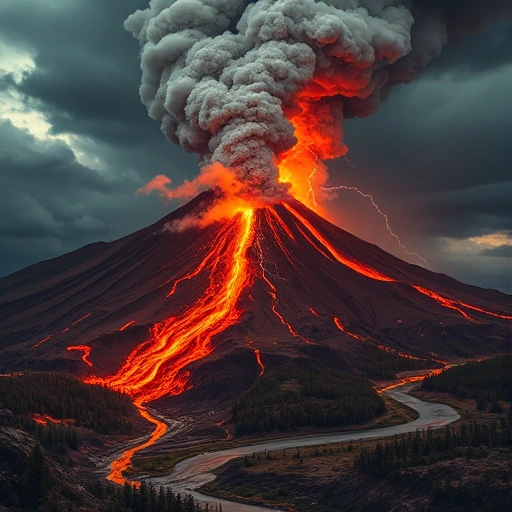 A dramatic natural disaster scene showing a massive volcanic eruption with lava flowing down a mountainside, ash clouds rising into the sky, and lightning striking within the plume, surrounded by devastated forests and rivers turned to mud, all under a dark, ominous sky