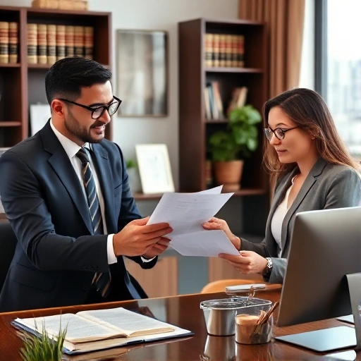 A calm, professional office setting with a diverse legal team assisting a client. The scene shows a lawyer and a legal assistant reviewing documents, offering guidance, with a supportive atmosphere. The background includes a bookshelf of legal texts, a computer, and a window with a city skyline. The composition is warm, inviting, and conveys trust and expertise.