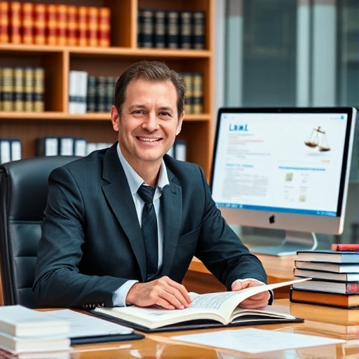 A professional and modern office setting with a lawyer or legal advisor sitting at a desk, surrounded by legal documents and books. The advisor is wearing professional attire and has a friendly, approachable expression. The background includes a bookshelf with legal reference books and a computer screen displaying legal information. The overall atmosphere is calm and trustworthy.
