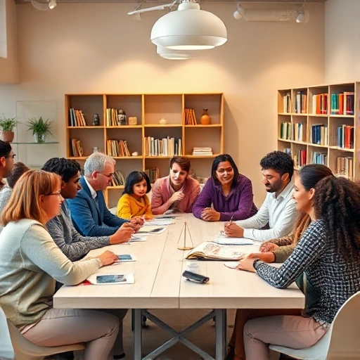 A warm, inviting community gathering in a modern, well-lit community center. Diverse adults and children of various ethnicities and ages are seated around a large table, engaging in a friendly discussion with a professional lawyer who is presenting a legal guide. The setting includes subtle legal symbols such as a gavel, scales of justice, and a bookshelf filled with legal texts, all arranged in a clean, organized manner. The atmosphere conveys trust, collaboration, and accessibility, with soft