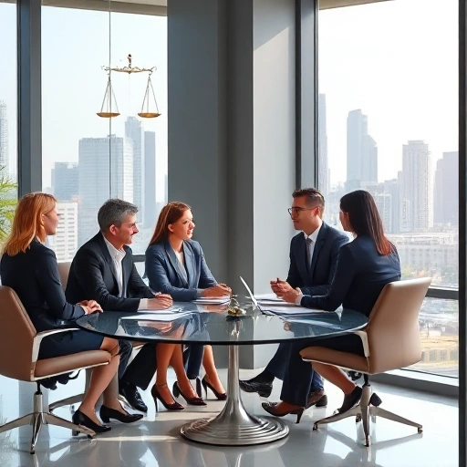 A modern, professional office setting with a diverse group of lawyers in discussion, a large window overlooking a city skyline, subtle legal motifs such as scales of justice or a gavel in the background, all depicted without any text, letters, or numbers