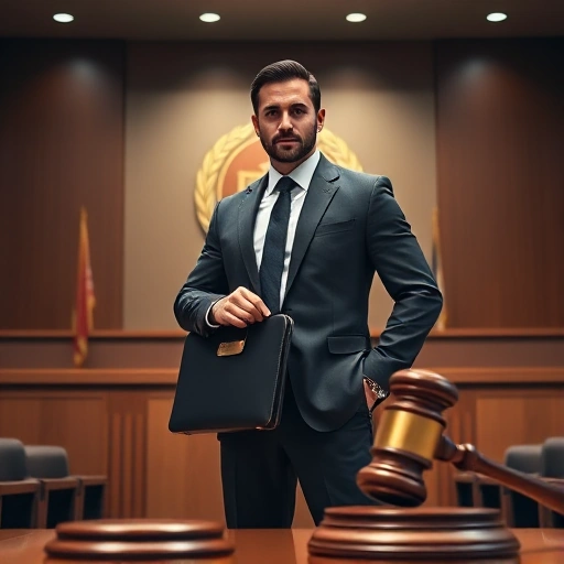 A confident lawyer standing in a modern courtroom, holding a legal briefcase, with a subtle shield emblem in the background and a judge's gavel in the foreground, all depicted in a realistic style