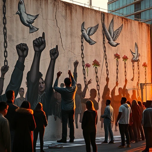 A powerful visual metaphor of art as protest: a lone artist painting a large mural on a cracked concrete wall in an urban setting, the mural depicting raised fists, doves breaking chains, and blooming flowers growing from broken chains, surrounded by faint silhouettes of diverse people watching silently, soft golden hour lighting, high detail, cinematic composition, no text or symbols visible