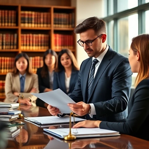 A professional legal consultation scene featuring a diverse group of people in a modern law office setting: a lawyer in a suit reviewing documents with a client, bookshelves with legal texts in the background, a desk with a laptop and scales of justice subtly incorporated, warm natural lighting, clean and trustworthy atmosphere