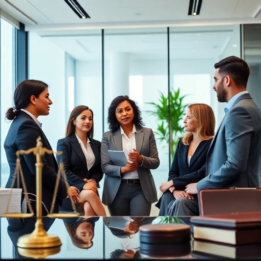 A modern, professional legal office setting with a diverse team of lawyers consulting with a client, featuring subtle legal symbols such as a balanced scale, a gavel, and a legal briefcase, all in a clean, well-lit environment