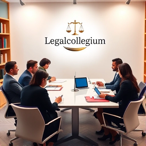 A professional and welcoming scene representing a legal support community, featuring diverse individuals in business attire engaged in collaborative discussions around a modern conference table with legal documents and tablets, a prominent logo or sign reading 'Legalcollegium' in the background, and a warm, inclusive atmosphere with soft lighting and subtle law-themed elements like scales of justice or bookshelves